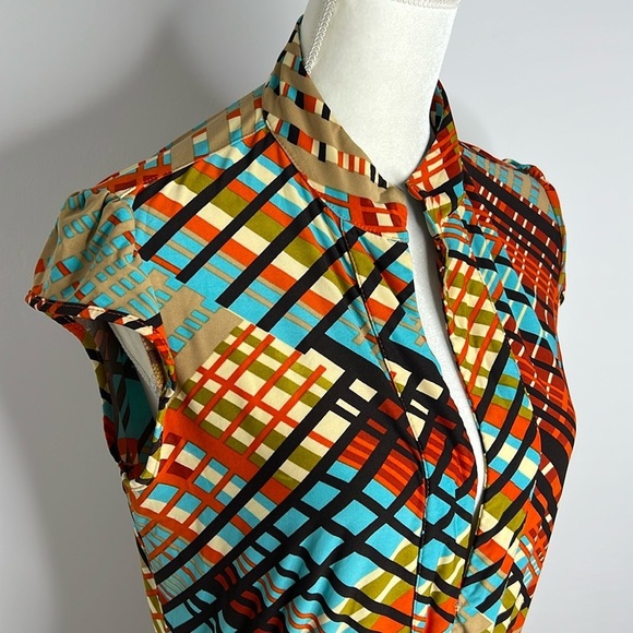 Y2K Luly K New York Tie Front Blouse Sz L Retro Geometric Print Sleeveless Top - Picture 4 of 10